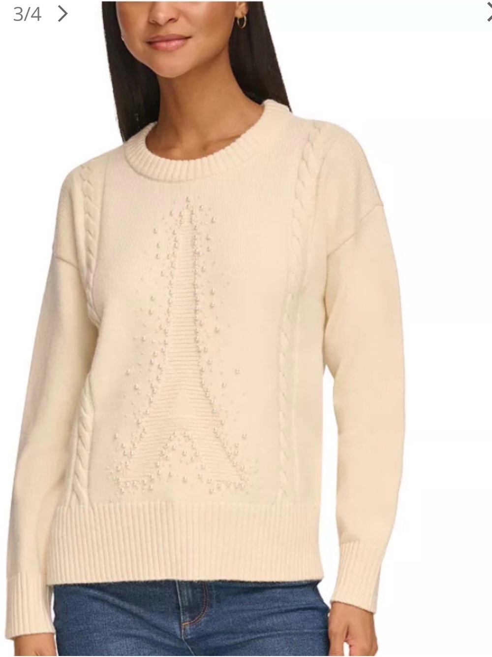 Karl Lagerfeld Cream Crewneck Sweater with Beaded Eiffel Motif - Picture 3 of 6